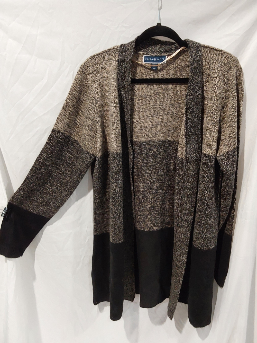 Karen Scott Two-Tone Open Cardigan in Black and Tan